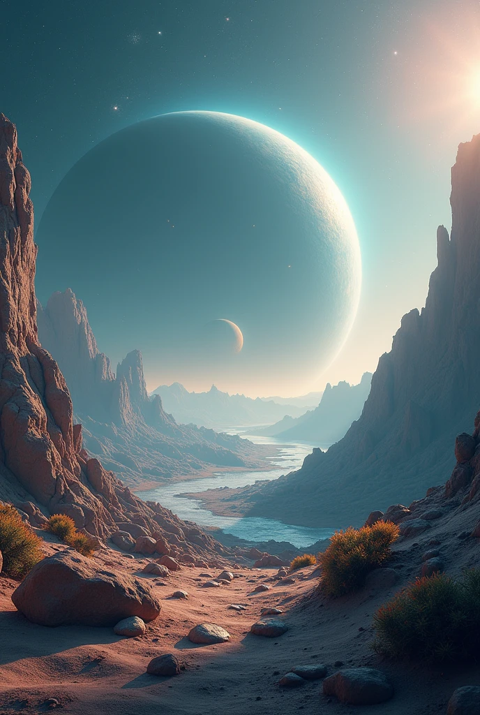 High definition and realistic 85K image under the surface of an unknown planet a small plant in the background in the sky the image of a planet and much further away other planet