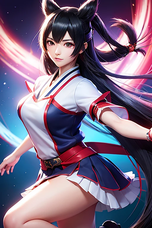 An Asian girl in anime style, with delicate and expressive features. She wears a traditional Japanese schoolgirl uniform., consisting of a white short-sleeved blouse, red tie and navy blue pleated skirt. The uniform is fitted to allow mobility, with details reminiscent of ninja costumes, like bands on the arms and ankles. The girl is in a fighting pose, with one leg forward, slightly flexed, and the inclined body, ready to attack.
She wears ninja accessories similar to Ibuki's style from Street Fighter 5.: a mask that partially covers the face, leaving only the eyes visible, bandanas on arms and ankles, and a small gun bag attached to his waist. In one hand, She displays claws similar to Wolverine's, bright and menacing. The scenery in the background is simple and dark., with shadows suggesting a night battle environment.