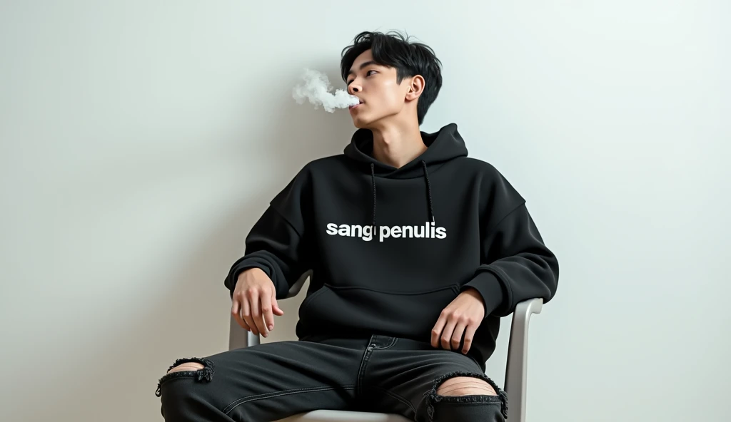 handsome japanese man wearing designer black hoodie with label "sang penulis" on left part of hoodie, sitting lazy and casually, and blow smoke from his mouth and holds a burnt ciggarette. he is sitting in industrial bedroom on black leather sofa, looking at his gaming pc. realistic, hdr, uhd, 8k