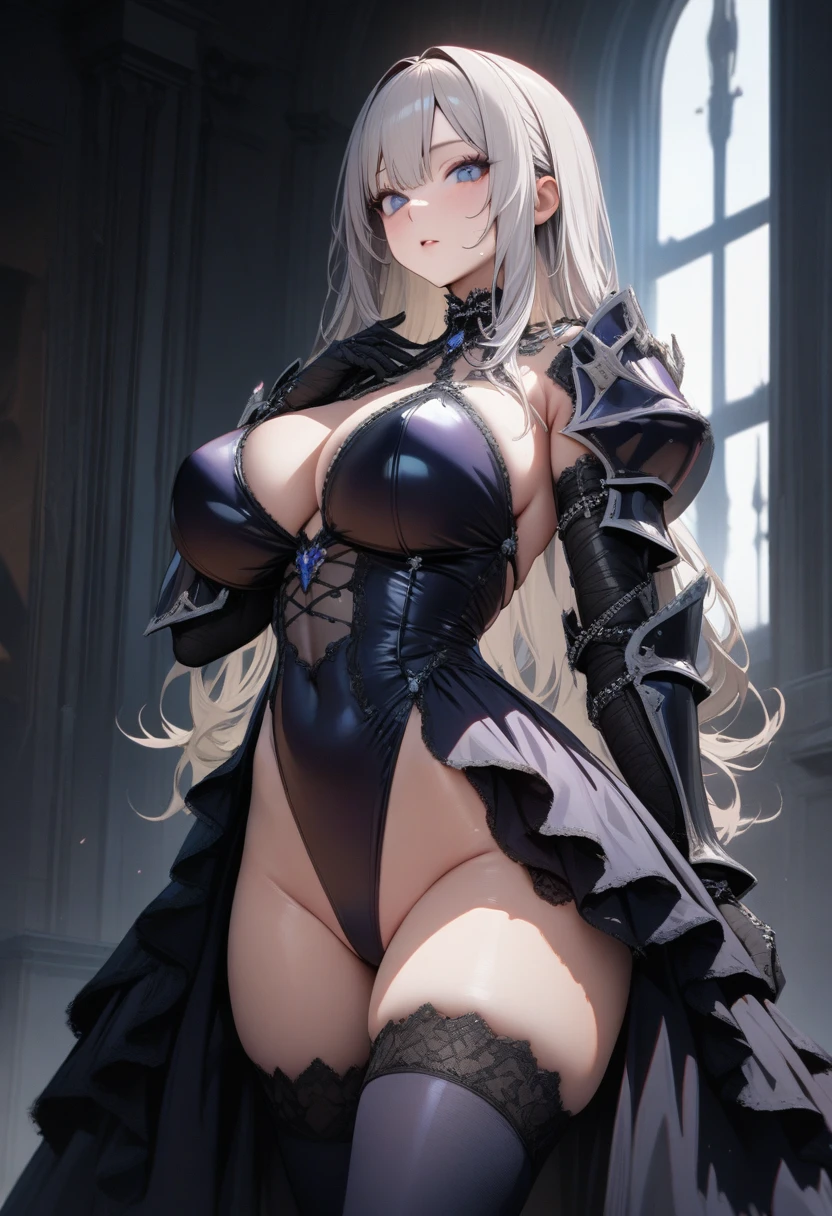 ((solo)), 1girl, ((gothic princess dress: 1.5)), ((paladin armor: 1.2)), ((skin-tight high leg groin area)), platinum blonde long hair, Huge saggy breasts, perfect face, Perfect and beautiful blue eyes, curvy,Skin-tight leotard, Thigh-high socks, ((UHD)), ((masterpiece)), ((UHD)), ((masterpiece)),  highest quality, 8k, hyperrealistic, cowboy shot, anatomically correct, accurate, high quality, extremely detailed,