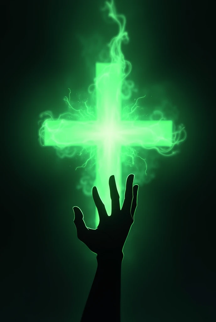 ((Highest quality)), ((masterpiece)), (detailed), Anime style healing aura, With a plus sign +, All Green, Black hand silhouette in the center. Black Background, 