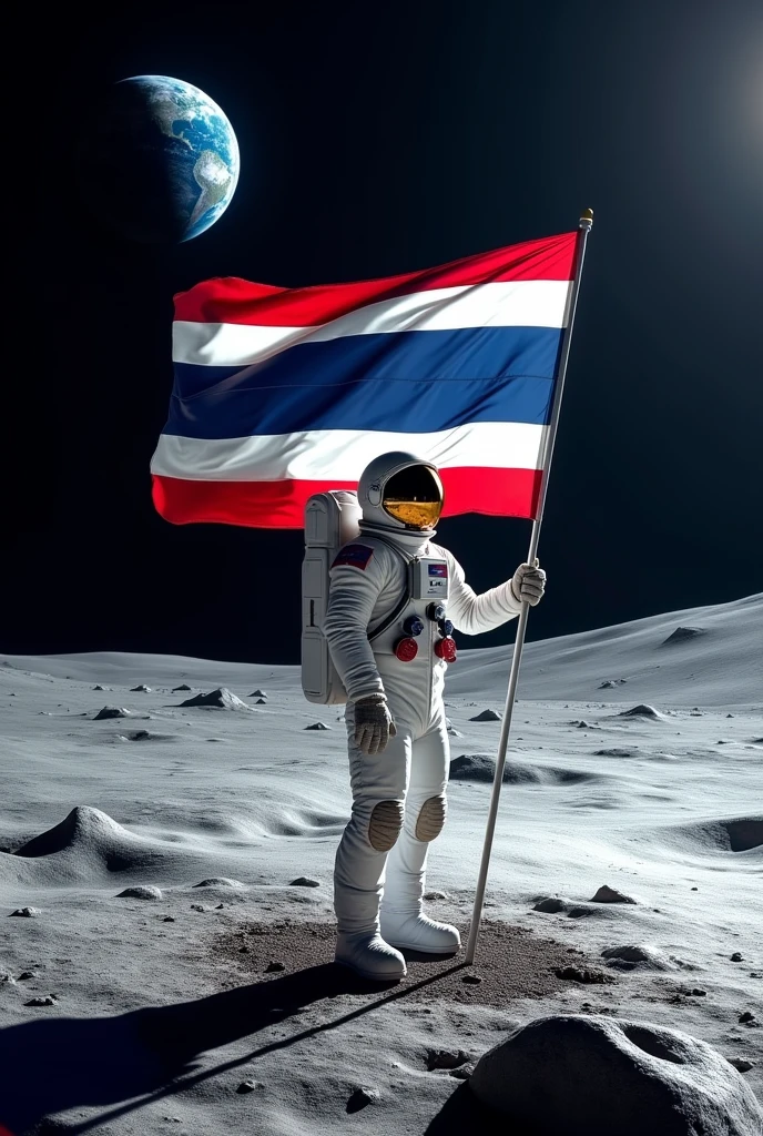 Astronaut holding a Thai flag on the moon