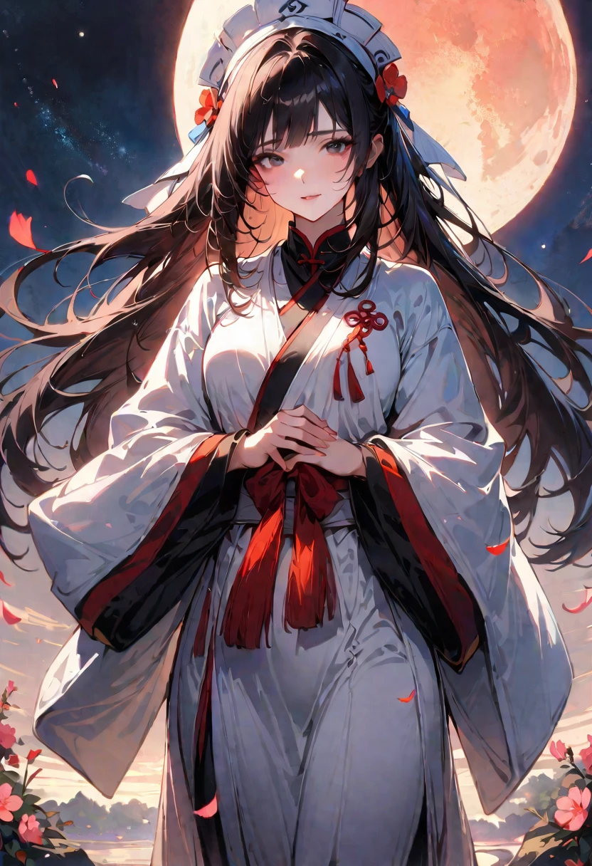 Master works, masterpieces, high quality, extreme detail, classical beauty, ((1girl)), ((black long hair)), standing, (fulbody), (Hands hidden in sleeves), (pure white Taoist robes))), ((delicate face)), (best details), ((black eyes)), ((( Taoist headdress)), ((long Taoist boots)), sun, moon and stars background, ambitious, peach blossoms
