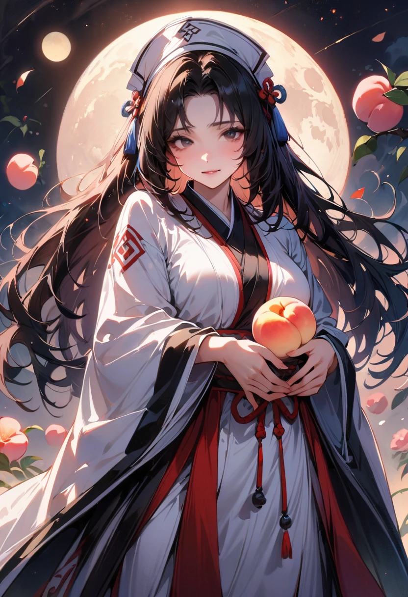 Master works, masterpieces, high quality, extreme detail, classical beauty, ((1girl)), ((black long hair)), standing, (fulbody), (Hands hidden in sleeves), (pure white Taoist robes))), ((delicate face)), (best details), ((black eyes)), ((( Taoist headdress)), ((long Taoist boots)), sun, moon and stars background, ambitious, peach blossoms