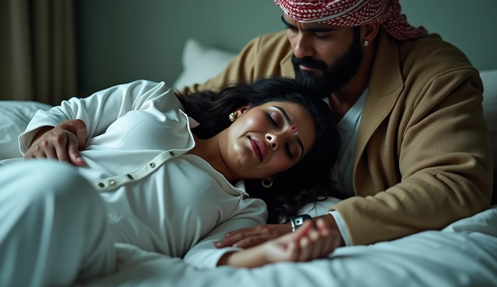 cute pear shape body woman freefaller on bed,wearing doctors uniform,cries in pain,applay sindoor at the beginning or completely along the parting-line of a woman's hair,masculer man,wearing salwar Taqiyah on head ,hairy body,laydown over the woman