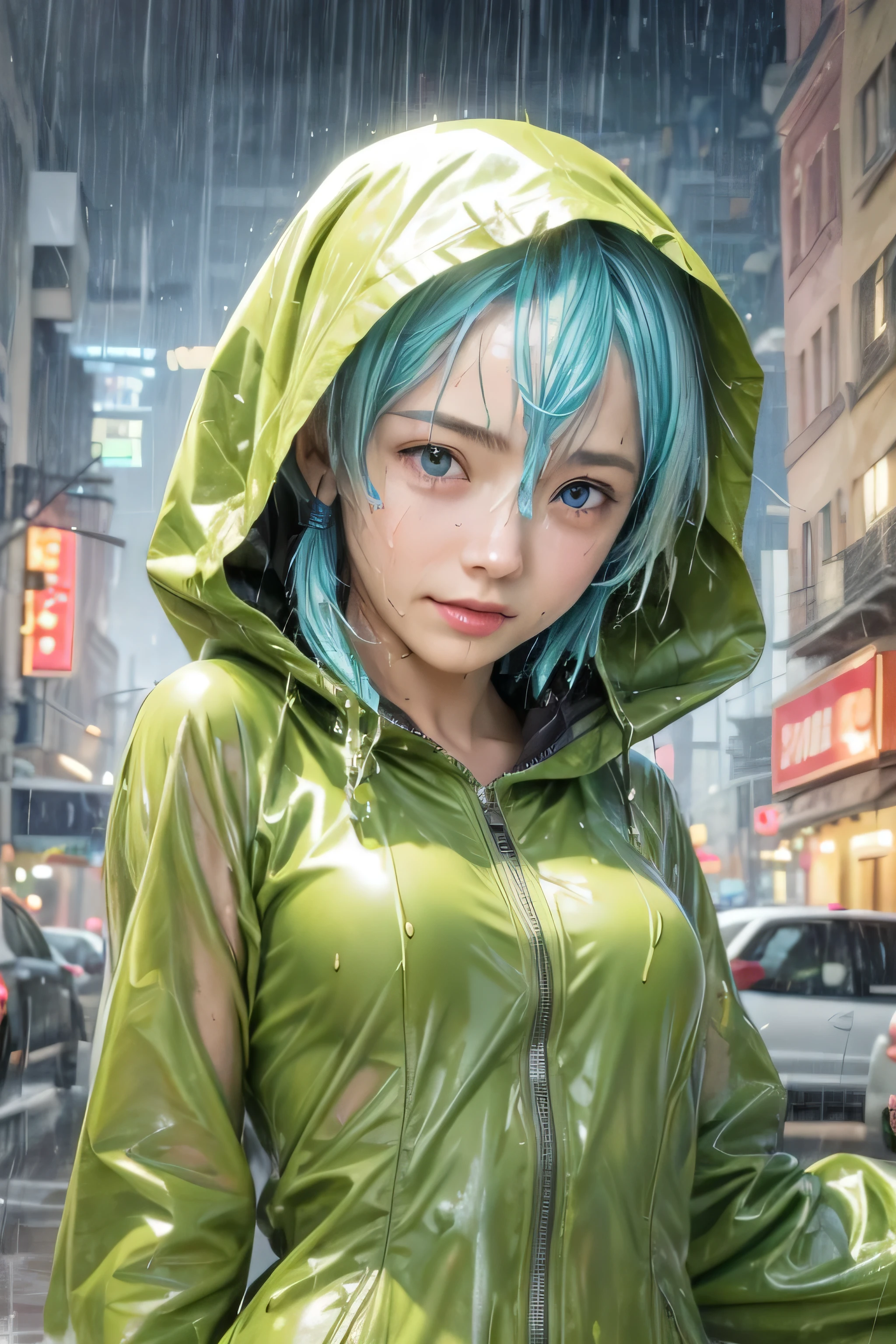 masterpiece, best quality, (realistic,photo-realistic:1.4), (RAW photo:1.2), extremely detailed CG unity 8k wallpaper, delicate and beautiful, amazing,finely detail, official art, absurdres, incredibly absurdres, huge filesize, ultra-detailed,extremely detailed eyes and face,light on face,sinon,(little smile),(blue hair:1.4),(short hair:1.4),(raining background:1.4),(sidelocks:1.4),(wet body:1.5),raincoats