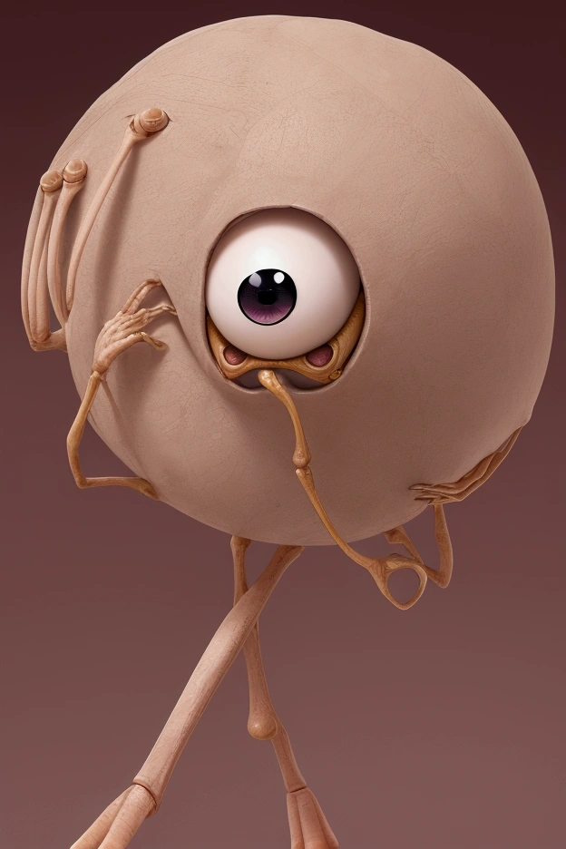 a spherical creature with 2 long slim legs and 2 slim long arms as long as the legs, knees, elbows, 5 fingers each hand, flat feet, two big round eyes, a mouth, light pink skin