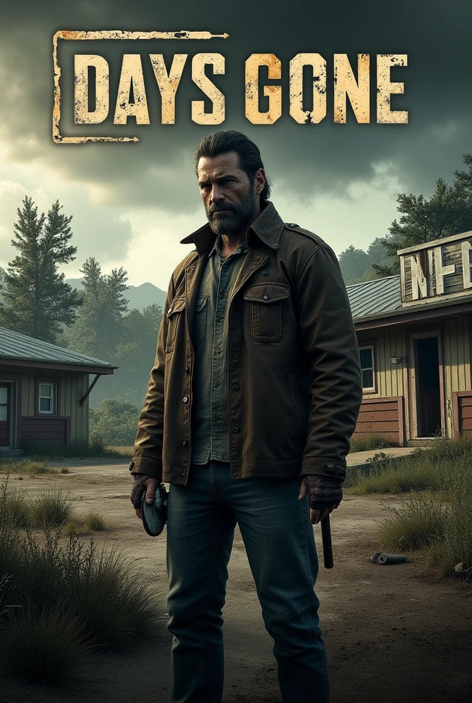 Create a thumbnail for a Days Gone YouTube series, Episode 2. The scene should feature the protagonist, Deacon St. John, standing in front of an abandoned motel with a rustic, eerie atmosphere. The background should depict a post-apocalyptic environment, with dilapidated buildings, overgrown vegetation, and ominous skies. Add the text 'Days Gone' in a distressed font at the top left corner, and 'Ep 2' in bold yellow text at the top right. The overall tone should be tense and foreboding, highlighting the survival aspect of the game."