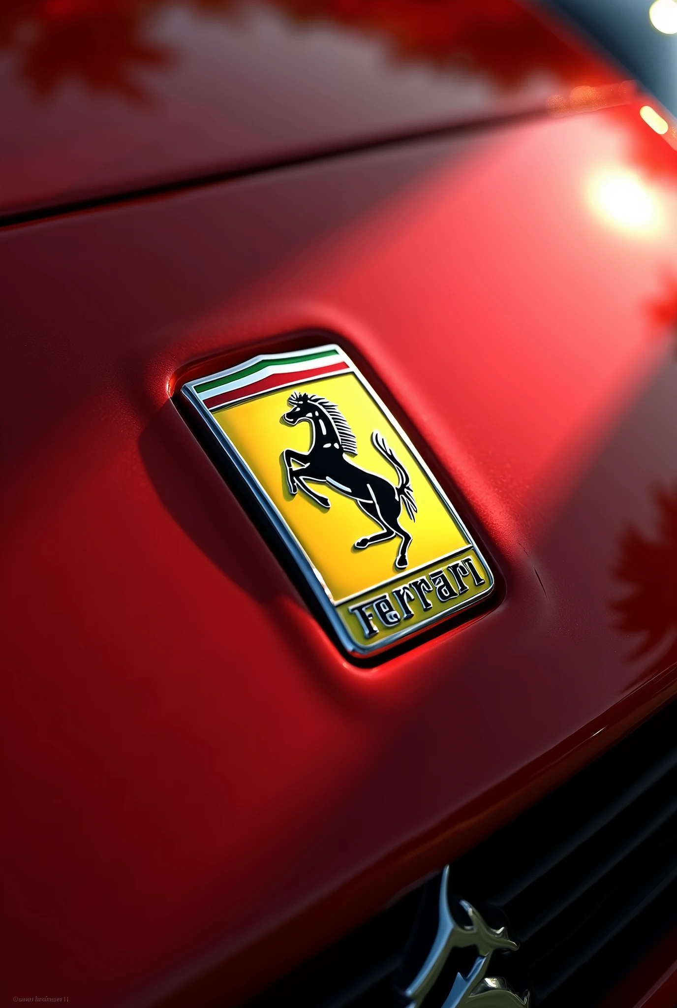 ((Ferrari Emblem, The Stuttgart Horse)), Emblem Plate, Metalの艶感, shine, Dull shade, coldness, Metal, Ferrari text, (Yellow Emblem, Red background:1.2), Realistic, フォトRealistic:1.2, Highest quality:1.2, Very detailed, Natural light, Cinema Lighting, Fine art, Contemporary art.