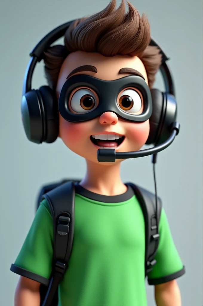 3D Create tenage boy wearing Green black t-shirt with Gaming headphone Mask black and looking slightly left side with excited expression . Use the RenderMan renderer. High definition, high contrast, high color saturation.