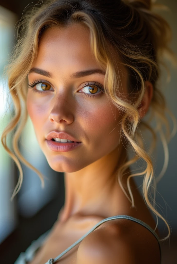 Facing the camera, woman with curly blond hair tied up, Brown eyes, fine nose, tanned complexion