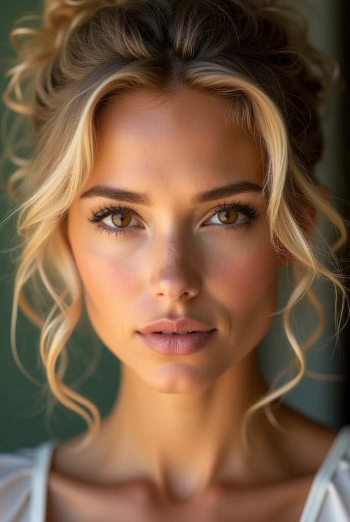 Facing the camera, woman with curly blond hair tied up, Brown eyes, fine nose, tanned complexion