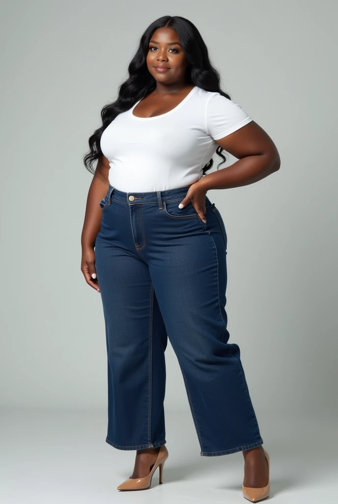 image captured with a Sony α7 III camera, full body shot, an narrow waist, wide hips, and a full bust, hourglass body figure, young Black woman early 20's, wide leg jeans in dark Blue color, fitted waist tee in white color, standing, light brown high heels, light gray background.