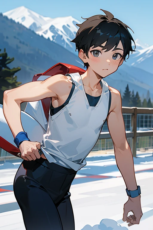 Snowy mountains in the background、An elementary school boy standing wearing a tight white Y-back tank top