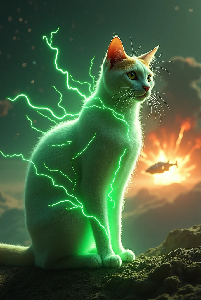 The cat had green light wires on its body that caused the spaceship to explode.