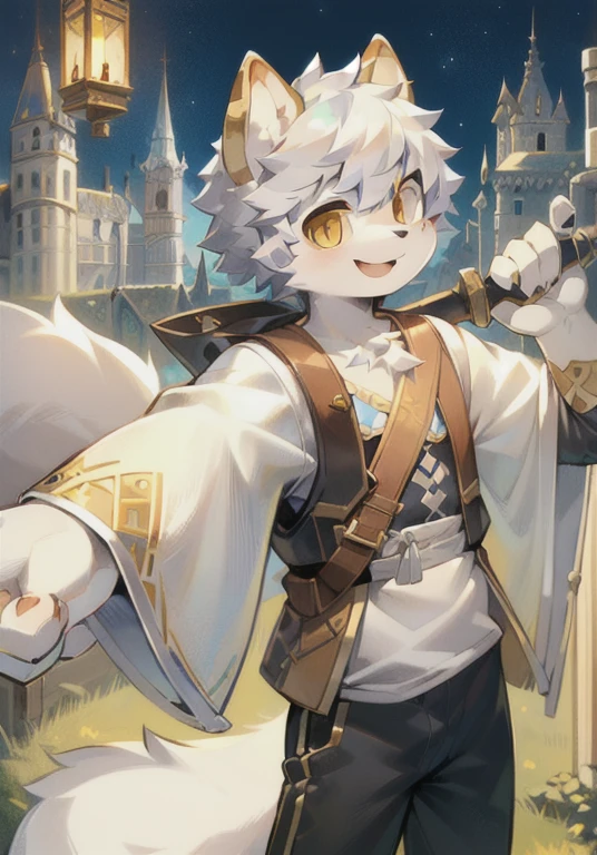 White male cat,boy,cute,Q version,,Big furry tail,Hairy pads,,Golden Eyes,Detailed background,Silver hair,Brave costume,happy,Holding a weapon,White top,Black pants,castle