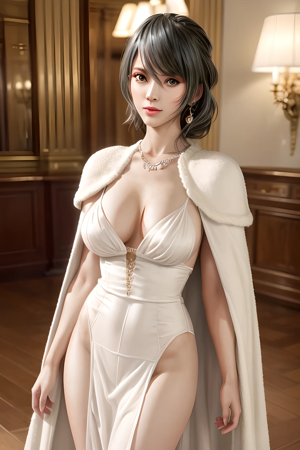 A lady with extraordinary temperament, she stands in a modern indoor space, as if she is a model from a fashion magazine. She is wearing a (pure white long fur cape), the softness and luster of which makes her look more noble under the light, and complements her (beige dress) underneath, showing her gentle temperament while maintaining a sense of fashion. The style of the dress is simple and generous, a perfect match, and it lengthens her figure, making her tall and charming. The lady's makeup is delicate and elegant, which just highlights her facial features and makes people unforgettable at first sight. Although the earrings and necklace she wears are not ostentatious, they add a bit of sophistication and nobility to her overall look. Her hair is casually draped over her shoulders, and every strand of hair exudes a natural luster,, (best quality,8k,highres,masterpiece:1.2),ultra-detailed,(realistic,photorealistic,photo-realistic:1.37),studio lighting,ultra-fine painting,sharp focus,physically-based rendering,extreme detail description,professional,vivid colors