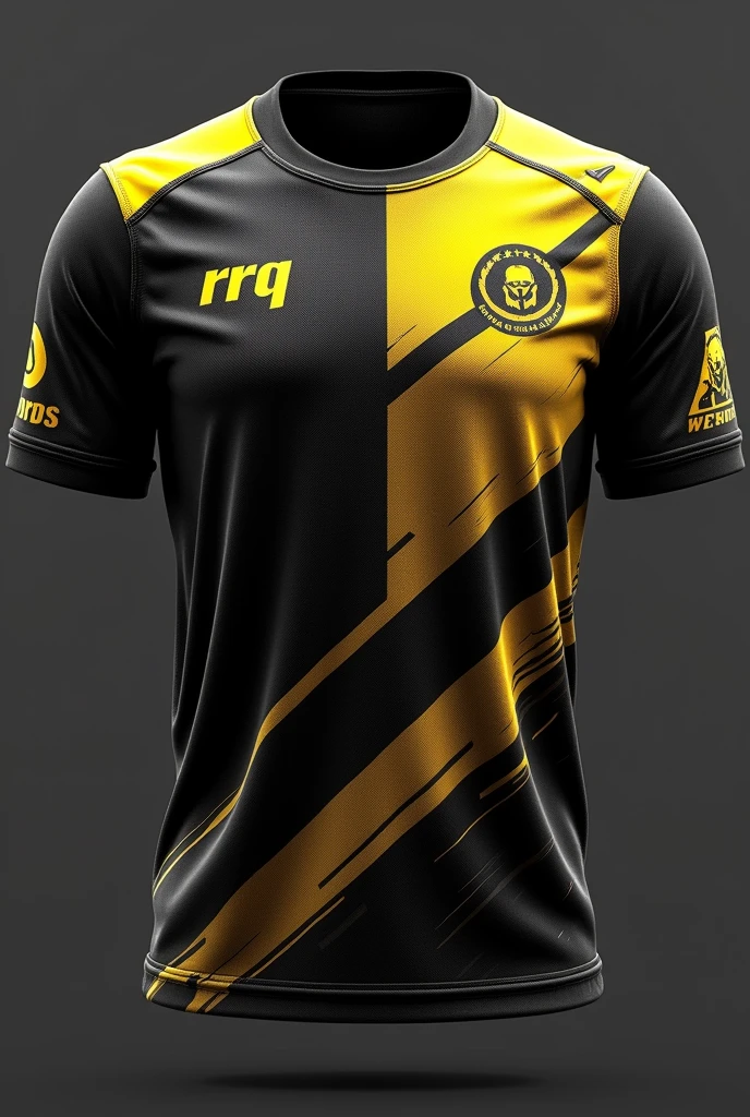 Can help me brainstorm ideas for the design of an esports jersey for "RRQ." Here are some suggestions:
1. **Color Scheme**:
- **RRQ Colors**: Incorporate the team's traditional colors (usually black, gold, or white).
2. **Logos and Branding**:
- Place the RRQ logo prominently on the chest.
3. **Design Elements**:
- **Patterns**: Use dynamic patterns like stripes, gradients, or geometric shapes to give a modern and sporty feel.
- **Textures**: Implement a subtle texture, like digital camo or mesh, for added depth.
4. **Typography**:
- Use bold, futuristic fonts for player names and numbers.
- Ensure readability with contrasting colors.
5. **Accents and Highlights**:
- Add reflective or metallic elements for a premium look.
- Consider glow-in-the-dark stars for a unique touch.
6. **Additional Features**:
- Offer customization options for player names and numbers.
- Include breathable, moisture-wicking fabric for comfort during long gaming sessions.
Let me know if you need more details or specific design elements!