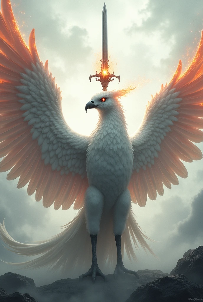 "A regal white bird, resembling a phoenix, stands proudly with its wings outstretched. Behind it, a sword pierces the air, shrouded in dark, black flames that seem to flicker with an otherworldly energy. The bird's feathers glisten with a subtle, ethereal glow, as if infused with magic. Its eyes shine like bright stars, and its beak is strong and determined. The background is a swirling vortex of white and gray, evoking a sense of dynamic movement and power. Red flame on its wings ".