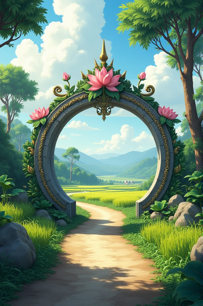 Thailand,on the road, circle gate, lotus flower on gate road,rice paddy On both sides of the road