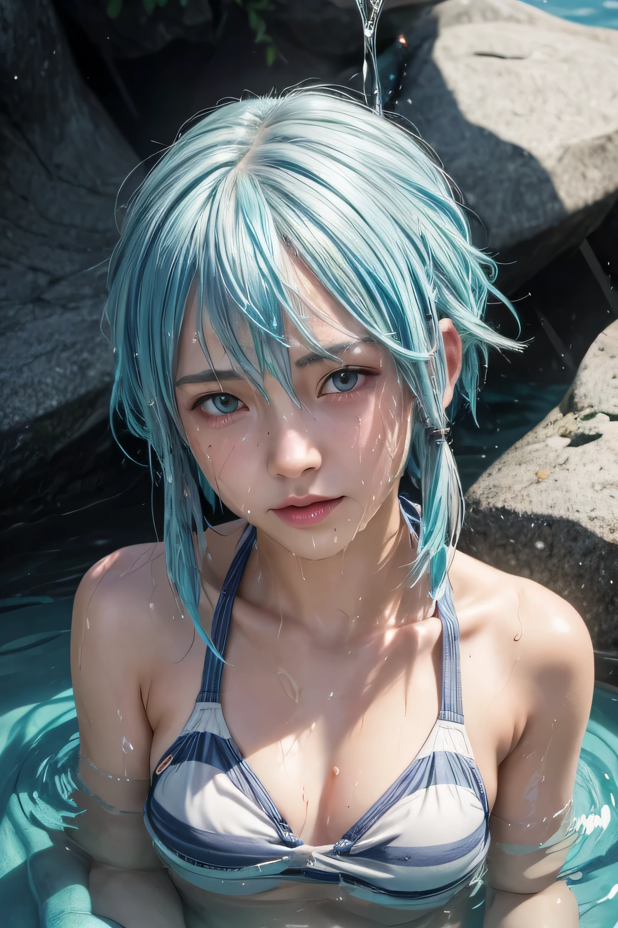 masterpiece, best quality, (realistic,photo-realistic:1.4), (RAW photo:1.2), extremely detailed CG unity 8k wallpaper, delicate and beautiful, amazing,finely detail, official art, absurdres, incredibly absurdres, huge filesize, ultra-detailed,extremely detailed eyes and face,light on face,sinon,(little smile),(blue hair:1.4),(short hair:1.4),(wearing bikini:1.4),(nature background:1.4),(sidelocks:1.4),(wet body:1.5)