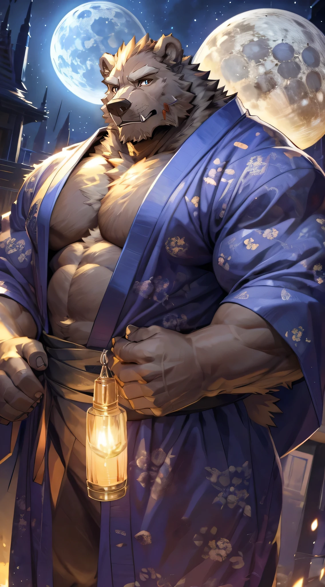 solo,masterpiece,high quality,(detailed eyes),furry male bear,((blaidd)),huge muscular,huge body,looking at viewer,anime,looking viewer,showing muscle,((yukata)),night,moon,grow,(by null-ghost),by pino daeni