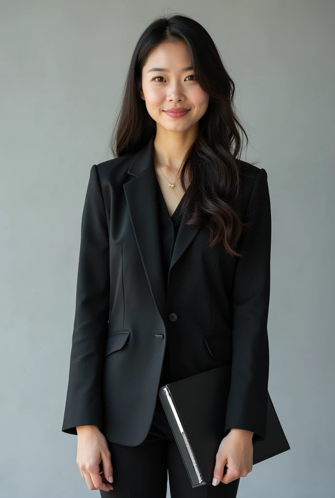 A 2 Japanese woman is standing with a black binder under her arm、Black suit、Businessman、The whole body is shown、The eyes are double、Long Hair、Not facing the front