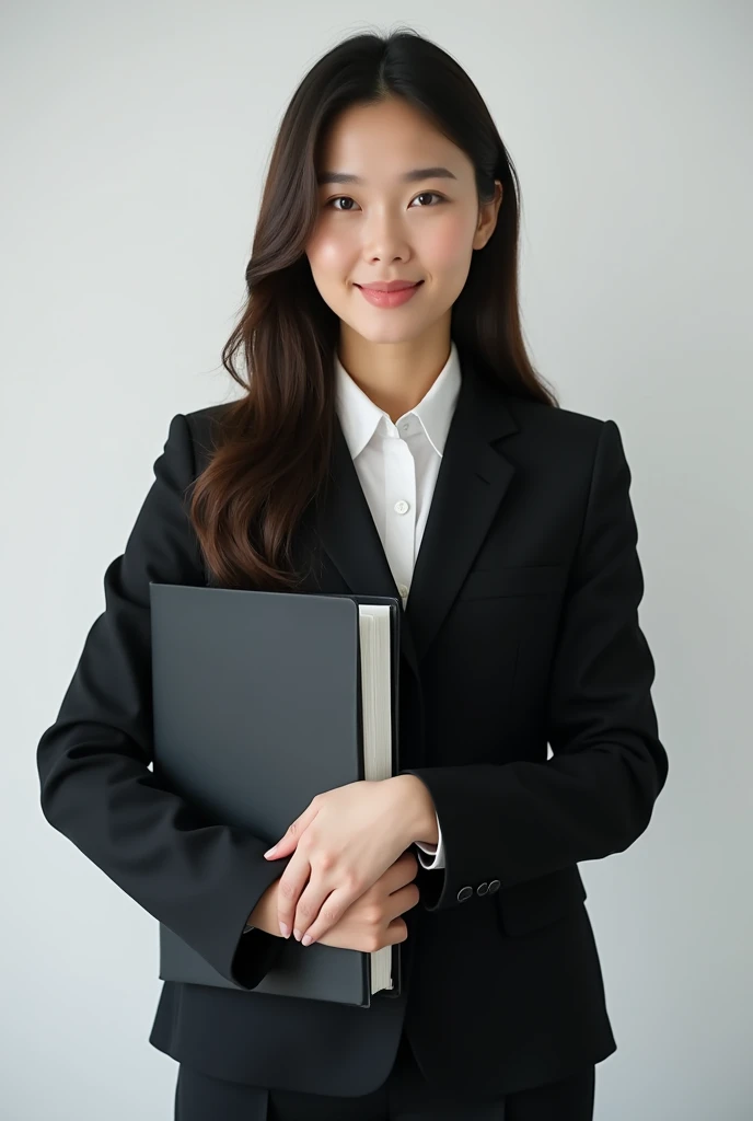 A 2 Japanese woman is standing with a black binder under her arm、Black suit、Businessman、The whole body is shown、The eyes are double、Long Hair、Not facing the front