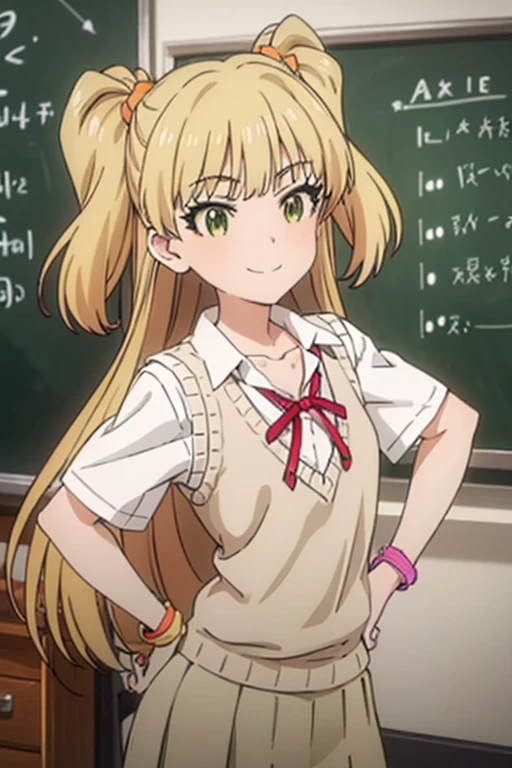 (masterpiece, Highest quality),Very detailed, One person, Long Hair,Hair Ribbon,Blonde,Green Eyes, Small breasts, school uniform, clavicle, Neck ribbon, Collared shirt, Sweater vest, Short sleeve, bracelet, Checked skirt, Orange Skirt,Embarrassed smile,sexy,Browsing Caution,Showing off panties,Spread your legs wide,(((strap on,long dildo)))