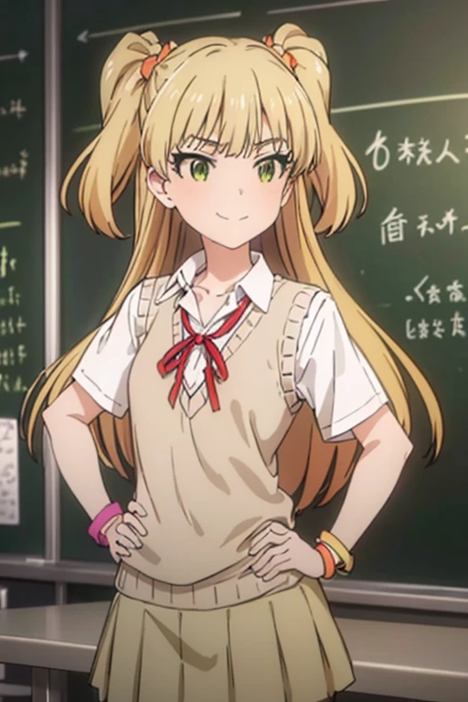 (masterpiece, Highest quality),Very detailed， One person,  Long Hair,Hair Ribbon，Blonde，Green Eyes， Small breasts, school uniform, clavicle, Neck ribbon, Collared shirt, Sweater vest, Short sleeve, bracelet, Checked skirt, Orange Skirt，smile，Pose with your hands，indoor，