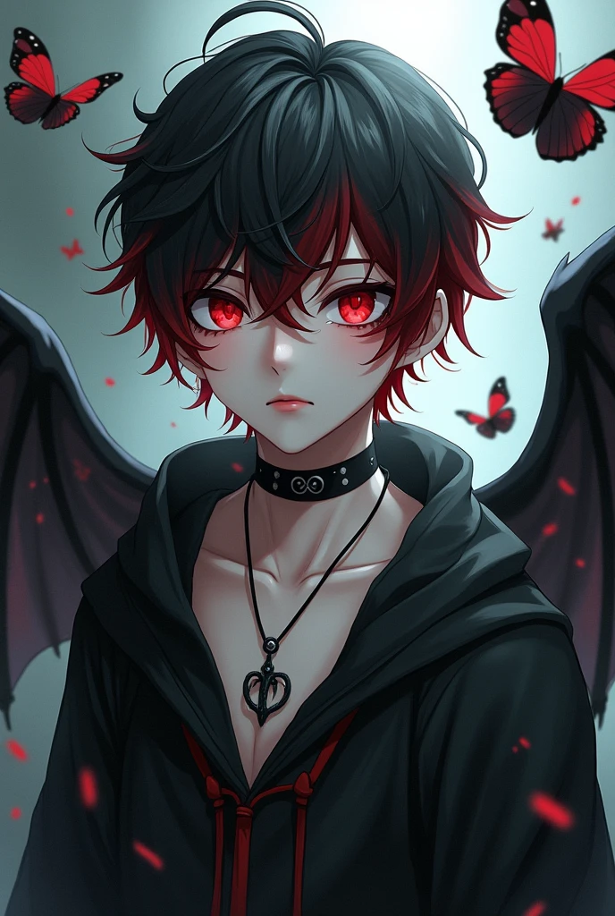 A boy who looks like someone in his 20s, her hair is black and red and her skin is white and pale, each of your eyes has a different color from the other, he is sad and melancholic because he is not reciprocated by the man he loves, he looks like a gothic, he is an angel who lost his heavenly grace and was cursed, he has vampire fangs and one of his wings is skeletal and the other is bat-like, he is a dark wizard, he has a black dog made entirely of darkness, he wears a choker and a skeleton necklace, he also likes butterflies and is an RPG character.