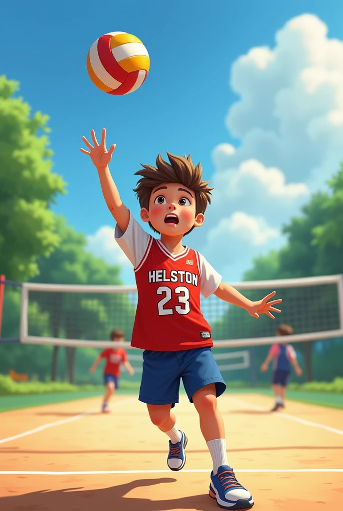 Back photo with vollyball court outdoor A boy with vollyball jersey number 23 name helston