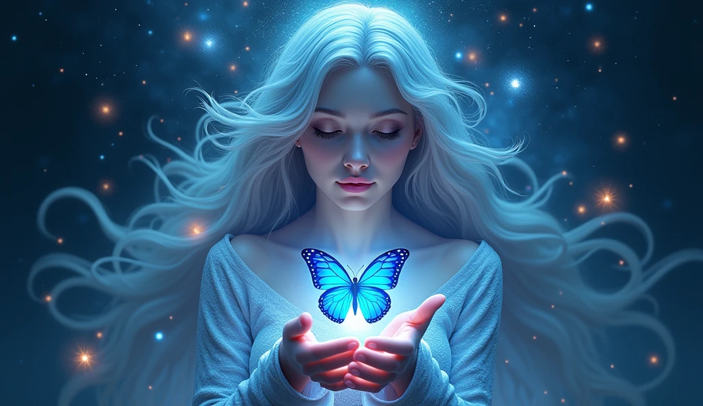 Bust of a woman in the cosmic universe with a blue butterfly in her hands, floating white points of light from the chakras