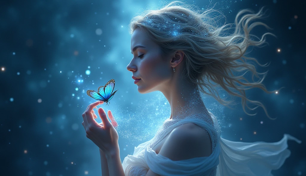 Bust of a woman in the cosmic universe with a blue butterfly in her hands, floating white points of light from the chakras