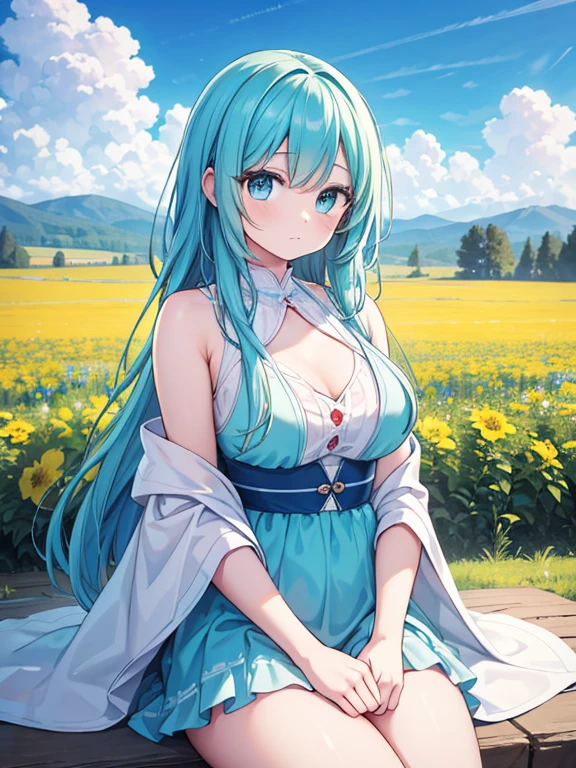 a beautiful girl in a turquoise screen filter, 1 woman sitting alone wearing a brown robe, looking up with detailed eyes, closed mouth, long hair, cowboy shot, in a sunny cosmos field with clouds, (best quality,4k,8k,highres,masterpiece:1.2),ultra-detailed,(realistic,photorealistic,photo-realistic:1.37),portrait,landscape,vivid colors,natural lighting