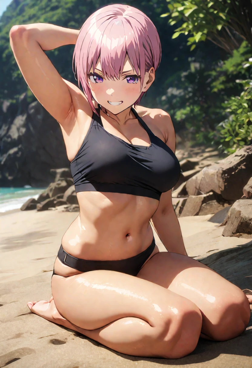 (Highest quality, 4K, 8k, High resolution, masterpiece:1.2), Very detailed, Picturesque, Animated Photography, Photo Animation:1.37)、A Japanese girl、(Pink Hair)、(Pixie Cut)、(Black underwear)、bikini、(bikini color:random)、black cheokr、 on beach、grin,white teeth、arms behind head、Full body photography、Nakano ichika
