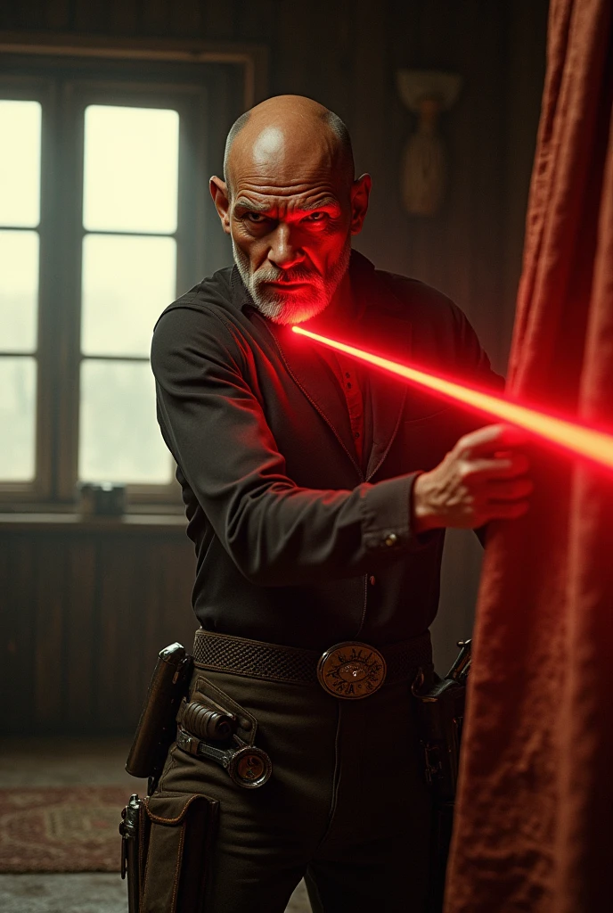 Cowboy from hell who resembles Yul Brynner in Westworld in his living room. He is firing a laser beam from his eye to cut fabric for a new curtain. In the backround is a window that has no curtain. Hyper real, 35mm photograph. 
