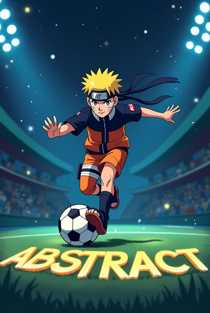 cute anime Naruto playing football at night with the word ABSTRACT written on the field