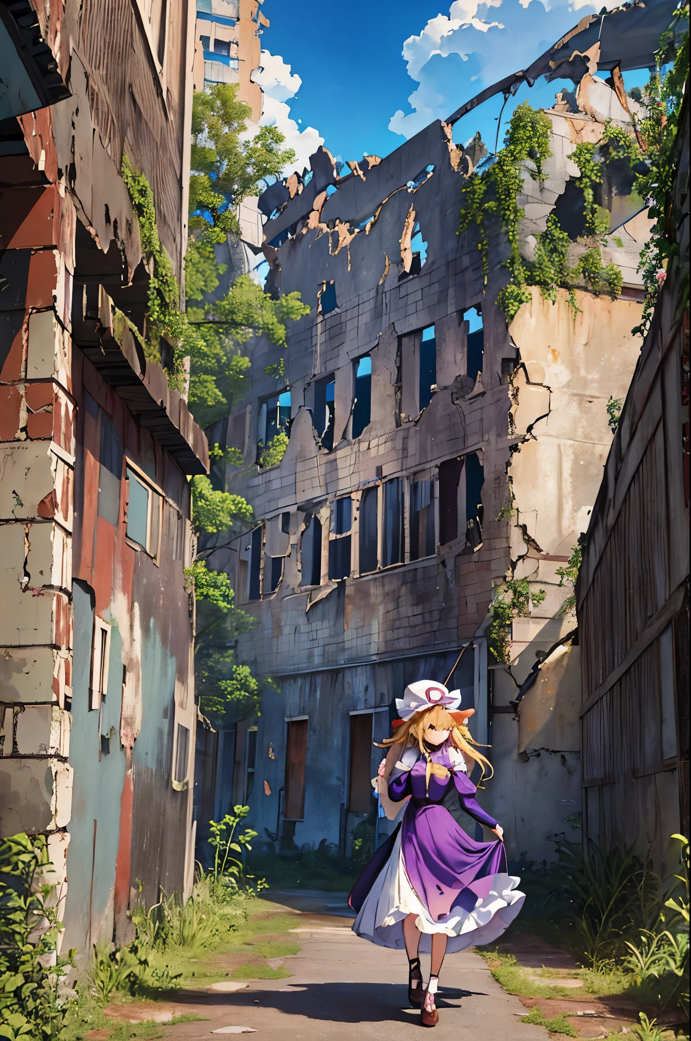  {yakumo_yukari_Touhou:1.15},Long shot of a girl standing in the ruins,Full body portrait,(((City Ruins))),(((Ruined Background))),Modern City,A city swallowed by the forest,blue sky,parasol,((masterpiece, Highest quality, Extremely detailed CG, unity 8k wallpaper )),(masterpiece, Highest quality, Highest quality, Official Art, beautiful,aesthetic:1.2),Purple Dress,Long skirt,ribbon, hat, mob cap, hat ribbon, white headwear, bangs, breasts, hair between eyes, hair bow, large breasts, very long hair,(((Blonde))),Very colorful,Very vivid,High-precision images,Ultra-high resolution,unrealistic,beautiful顔,Perfect Face,Fantastic Art