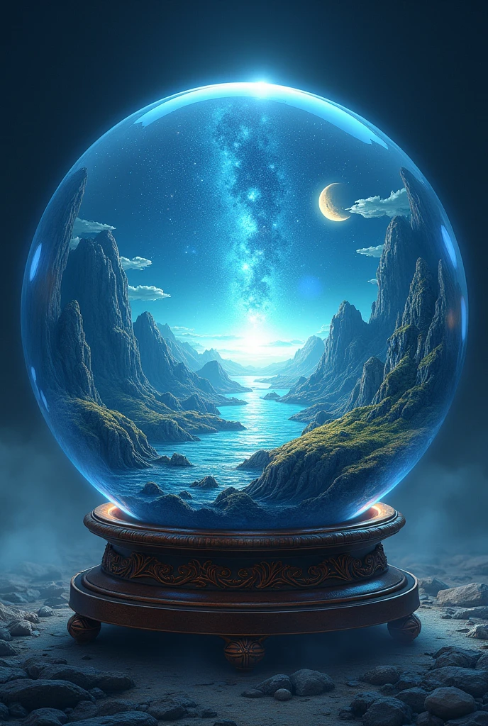 Highly detailed illustration of a hidden world inside a crystal ball, Surface continents, atmosphere, Background Galaxy, capricious lighting, 魅惑的なatmosphere, Soft texture, artwork, Mysterious glow, Back - Bright flat surface, Three-part method, high quality, Attention to detail, Backlight