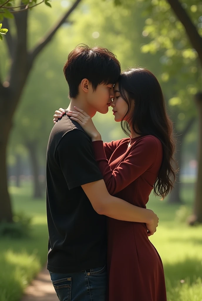 Byun Baekhyun hugging a brunette woman tightly, dressed in black t-shirt and dark blue jeans. We don't see the woman's face, they are in a park
