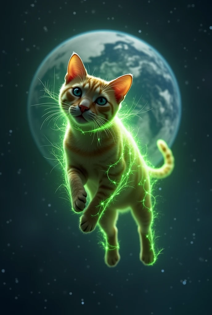 The cat with green light strings on its body flew towards the earth.