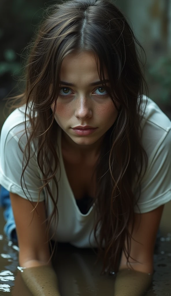 a beautiful young woman with long brown hair, wearing a white t-shirt, black stockings, and denim cut-off shorts, lying face down in a muddy puddle, expression of deep despair,studio lighting,extremely detailed face and eyes,beautiful detailed lips,long eyelashes,emotional portrait,dramatic lighting,moody atmosphere,muted color palette,muddy ground,water splashing