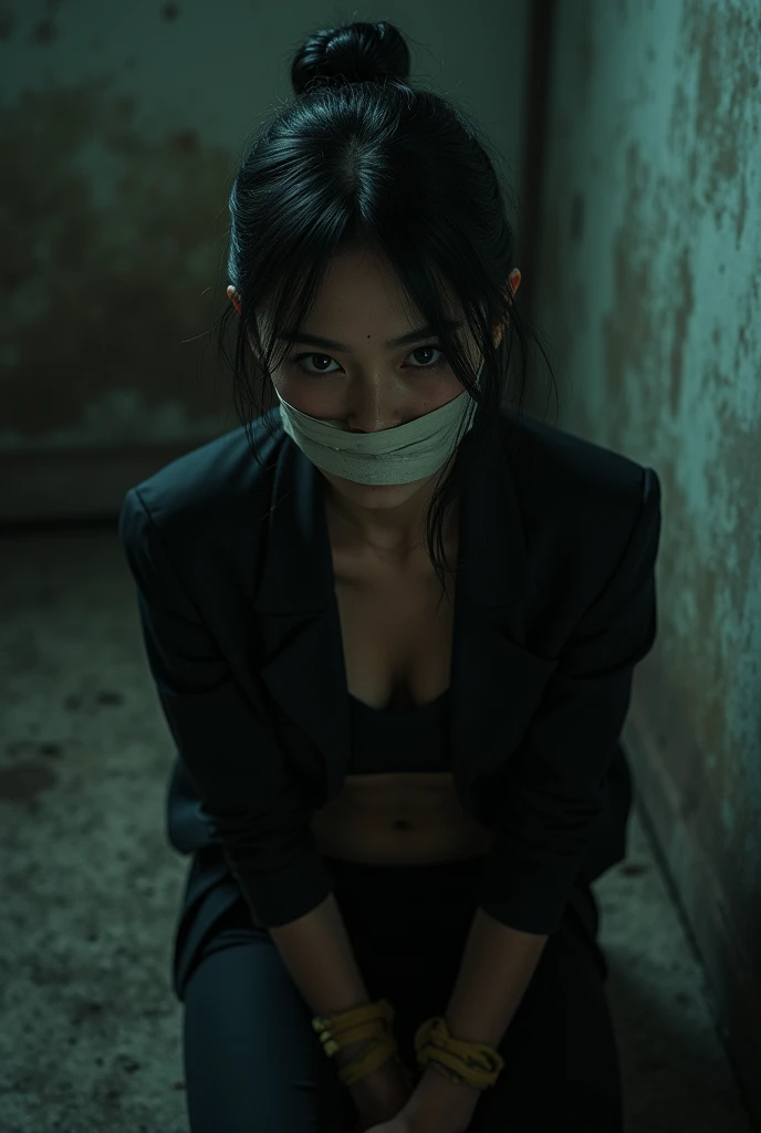 (Vietnamese female detective with her hands and feet tied and her mouth gagged with tape sexy