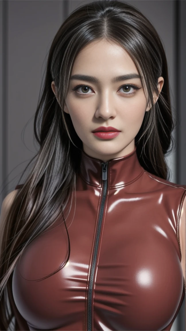 (masterpiece:1.1), (top quality:1.1), Whole body, short hair, good anatomy, lock of hair, (1 girl:1.2), (detailed face and eyes:1.25), long scarlet hair, Two thick braids,Brown eyes, facilitates ,( skintight suit), big breasts,split:1.2), blush, I&#39;m looking at the viewer, mature woman, sidelocks, tatibana kyoka,, sitting, Elysiumchar, Oil painting,  