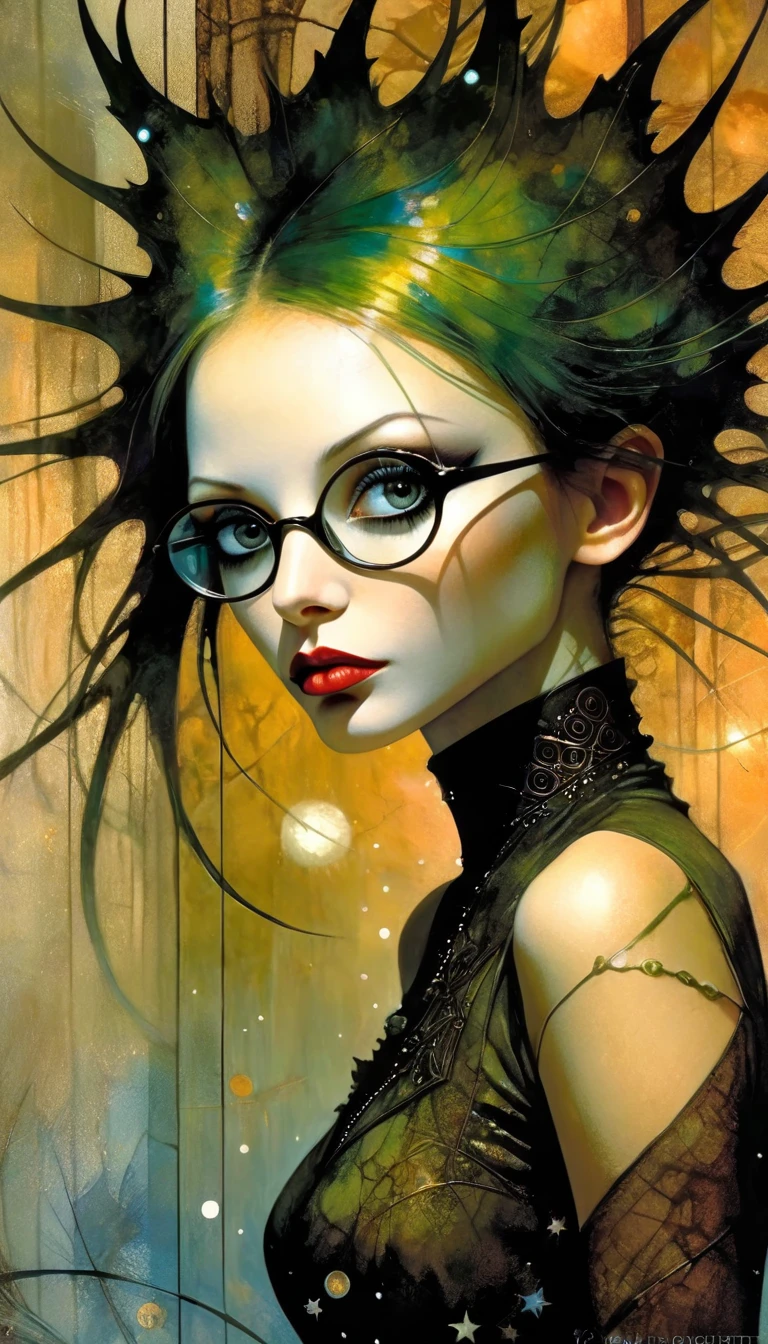 portrait, elegant picture frame, sexy monster girl, long green hair, sexy, sexsexsex,dirty green mucus suit, elegant Victorian era dress, one-eyed glasses, sinister forest background at night, with stars and nebula,(best quality, 4k, 8k, high resolution, masterpiece: 1.2), ultra-detailed, (realistic, photorealistic, photorealistic: 1.37), details intricate, vivid colors, sharp focus, professional, Dave McKean artwork, surrealism oil touch, oil painting style, portrait, woman, beautiful detailed eyes, beautiful detailed lips, dreamy atmosphere, shadow play, lighting soft, fun pose, dark tones, ethereal background, fantasy elements, texture, layered composition., art inspired by Bill Sienkiewicz and Dave McKean
