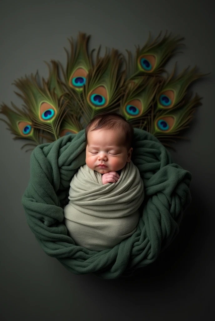 arafed baby sleeping in a blanket with a peacock feather, a photo inspired by Anne Geddes, shutterstock contest winner, art photography, peacock feathers, 9 peacock tails, green feathers, peacock feather wrap the head, award winning studio photo, peacock colors, 9 brilliant peacock tails, peacock
