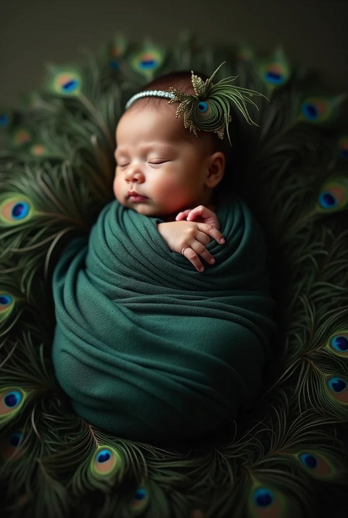 arafed baby sleeping in a blanket with a peacock feather, a photo inspired by Anne Geddes, shutterstock contest winner, art photography, peacock feathers, 9 peacock tails, green feathers, peacock feather wrap the head, award winning studio photo, peacock colors, 9 brilliant peacock tails, peacock