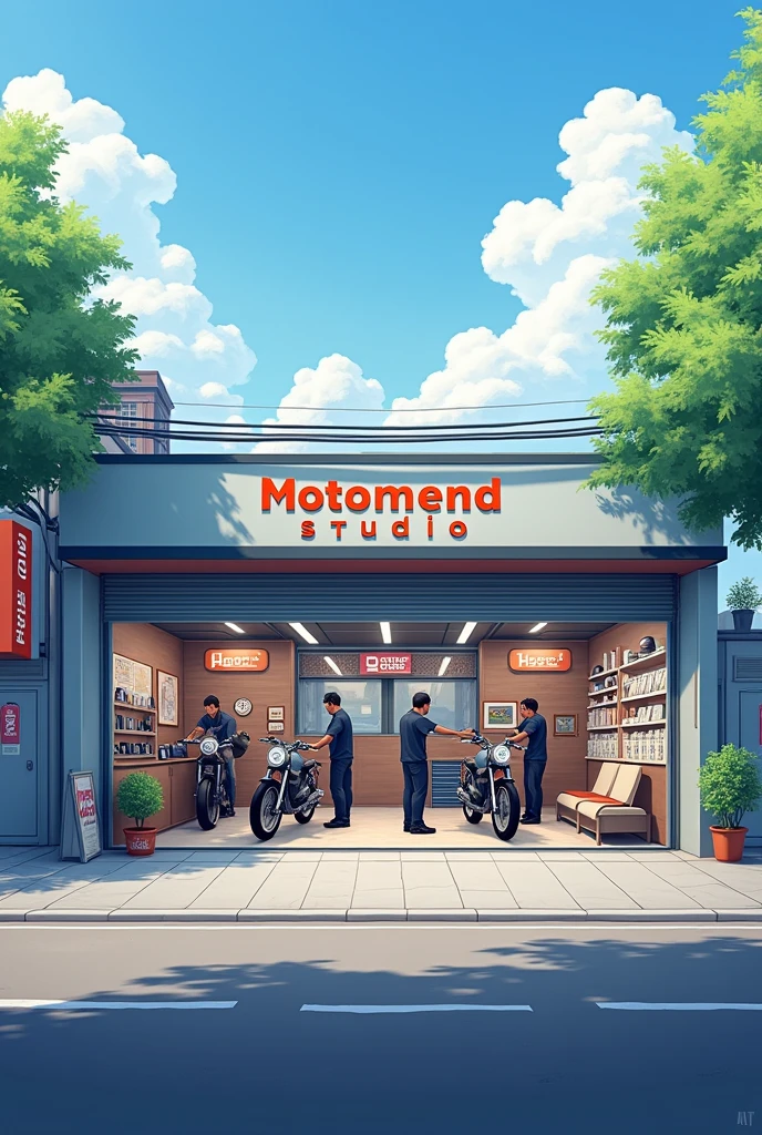 Generate a realistic, horizontally extended image of a one-floor bike servicing center named 'MotoMend Studio' in a roadside city area. The design should clearly show three sections: a service point with three mechanics working on bikes visible through a glass front, a customer waiting room with comfortable seating and customers waiting, and a reception area on one side. Also, include a corner with a showcase wall displaying parts, helmets, and engine oil. The center should be clean, organized, and modern. The exterior should feature a well-paved road, a few trees, and surrounding buildings, creating a lively city atmosphere. The 'MotoMend Studio' branding should be prominently displayed on the glass door and signage one floor and one side customer wait in sofa hand tea
