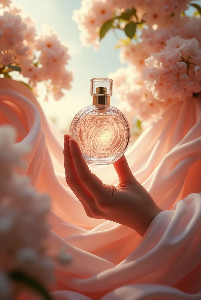 Make me a creative image to promote a lotion with the artwork of the birth of Venus but without the woman appearing naked with the perfume in her hand and a flowery background